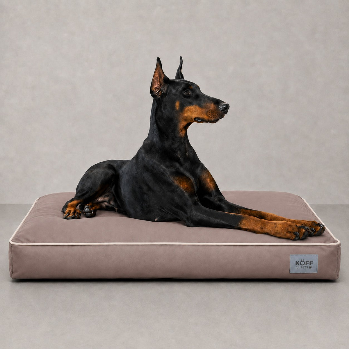 Talla XL · 130 × 90 cm — Taupe — perro echado sobre la Cama Köff Form Exterior