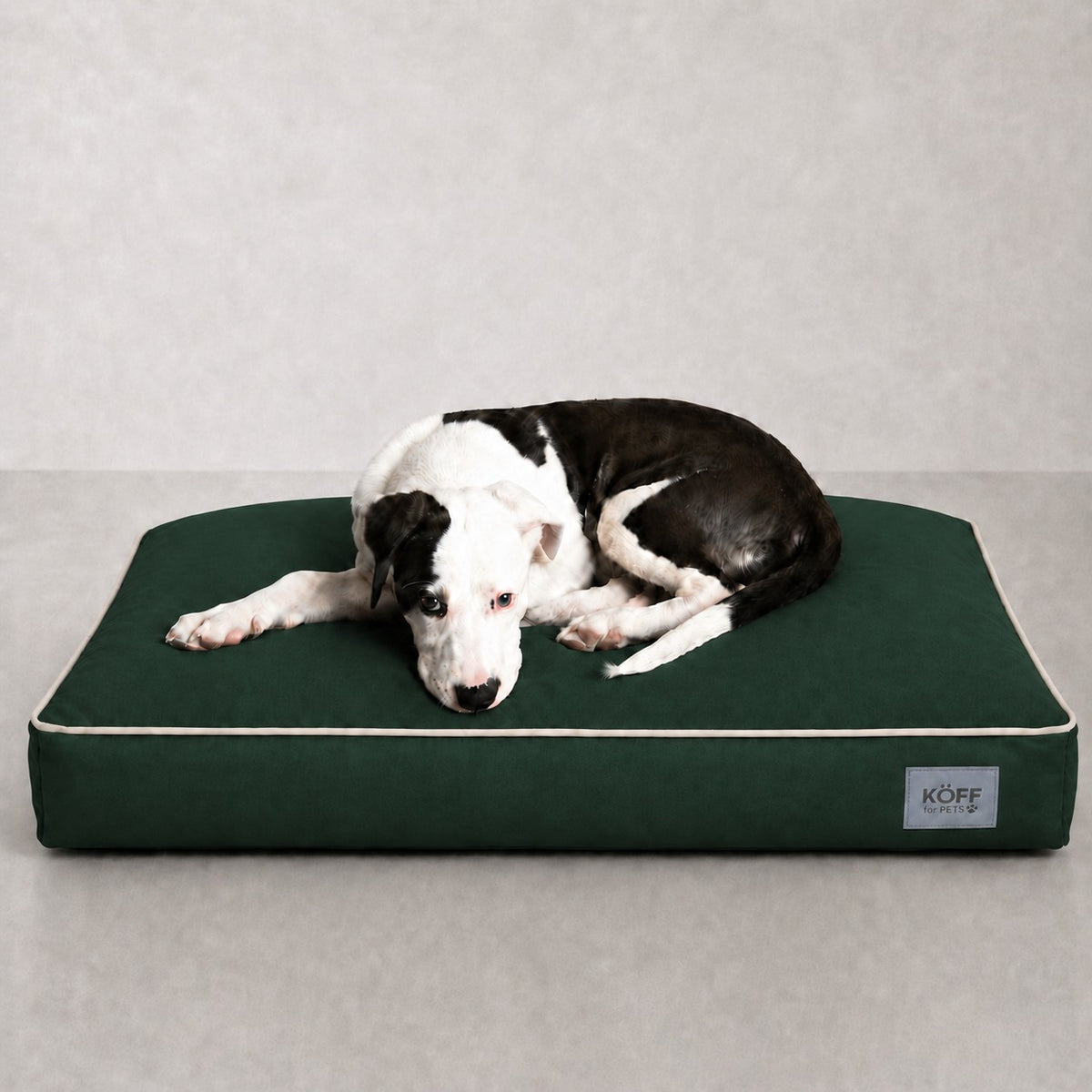 Talla M · 90 × 60 cm — Verde Bosque — perro echado sobre la Cama Köff Form Exterior
