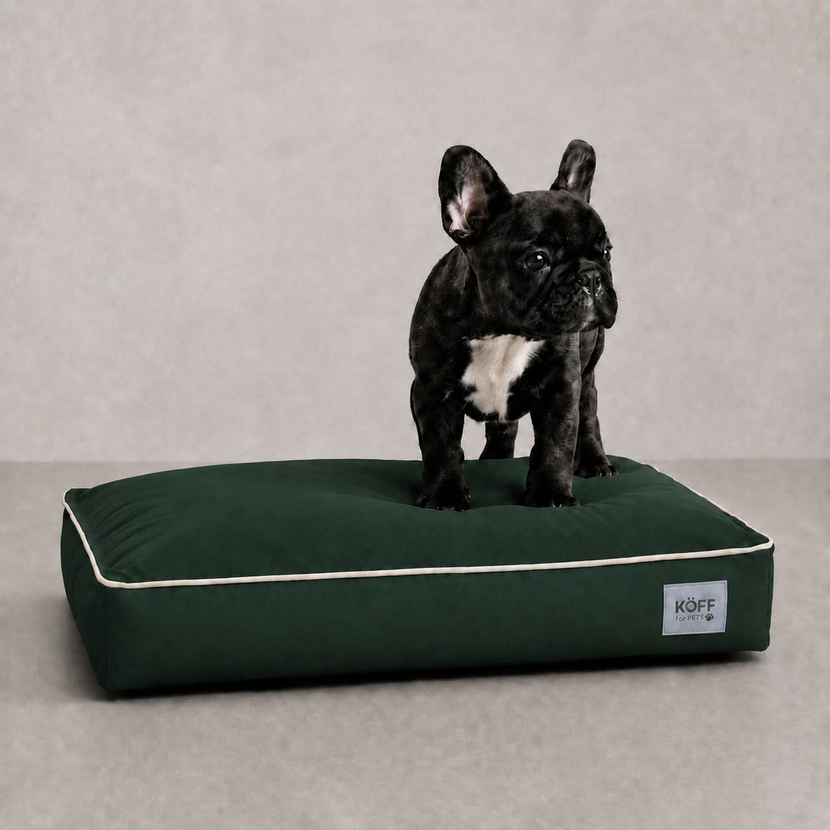 Talla S · 65 × 50 cm — Verde Bosque — perro echado sobre la Cama Köff Form Exterior