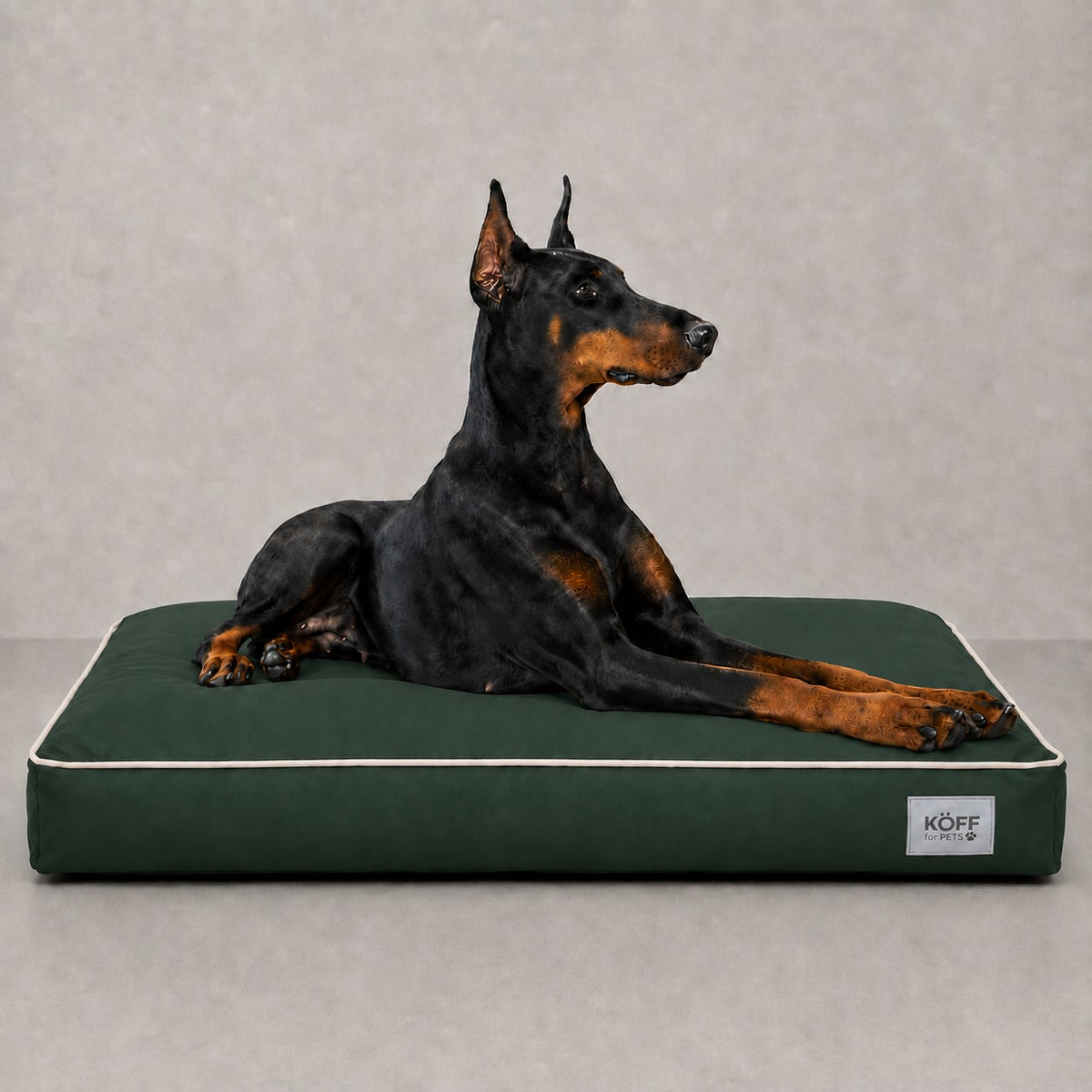 Talla XL · 130 × 90 cm — Verde Bosque — perro echado sobre la Cama Köff Form Exterior