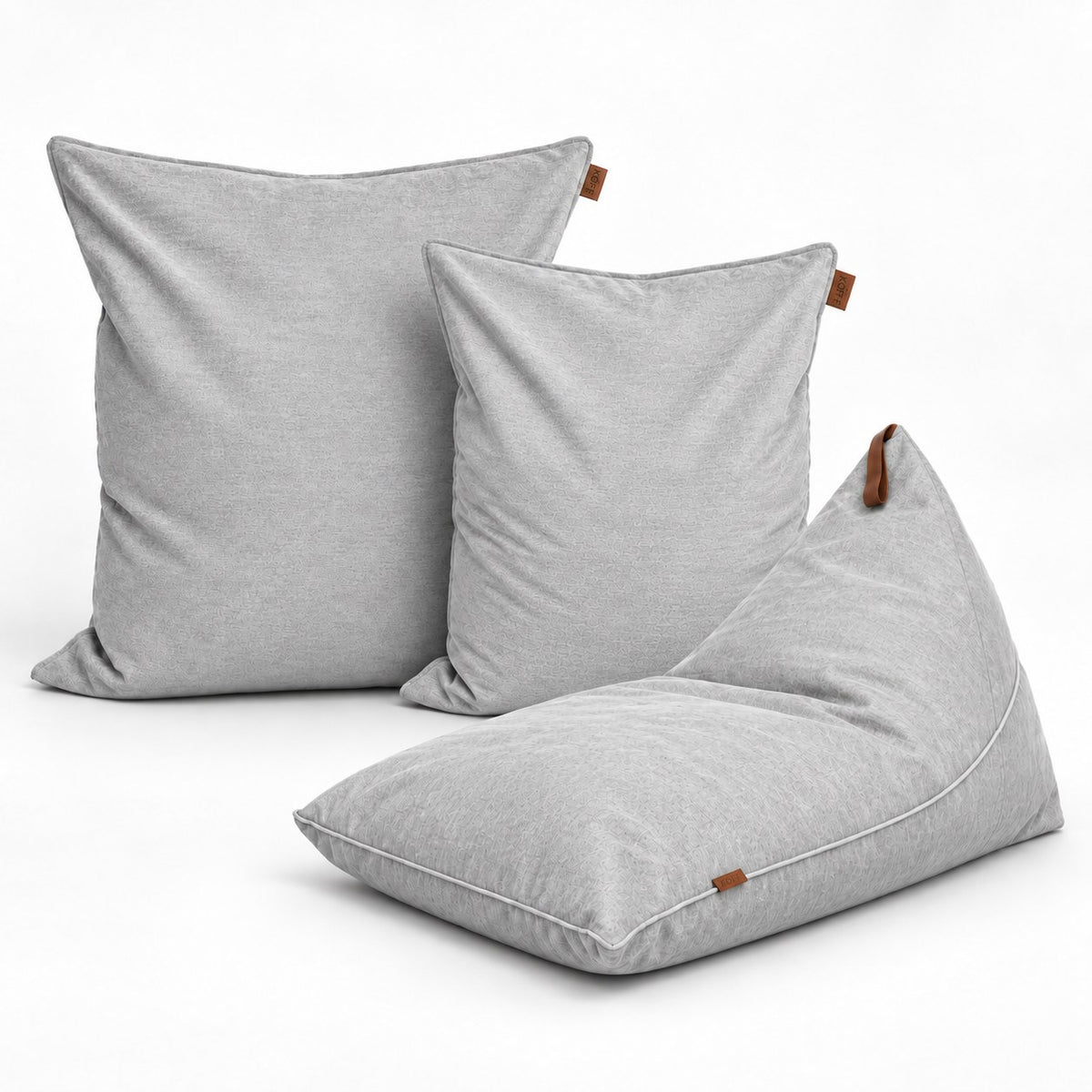 Living Completo en velvet Gris Claro: Cojín Interior XL, Cojín Interior L y Cojín Triangular Interior