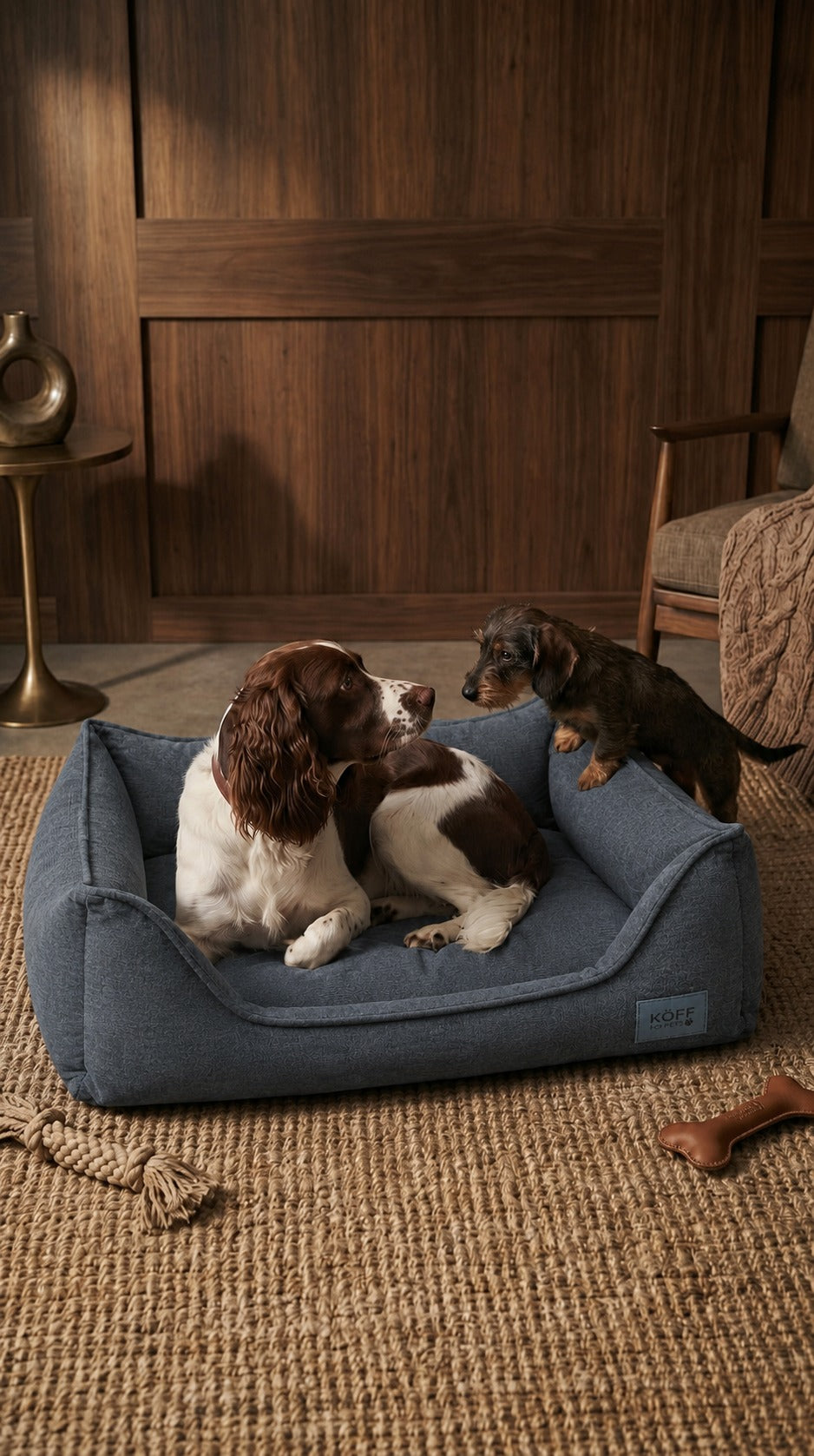 Dos perros sobre la Cama Köff Suite Clásica en un living con muros de madera