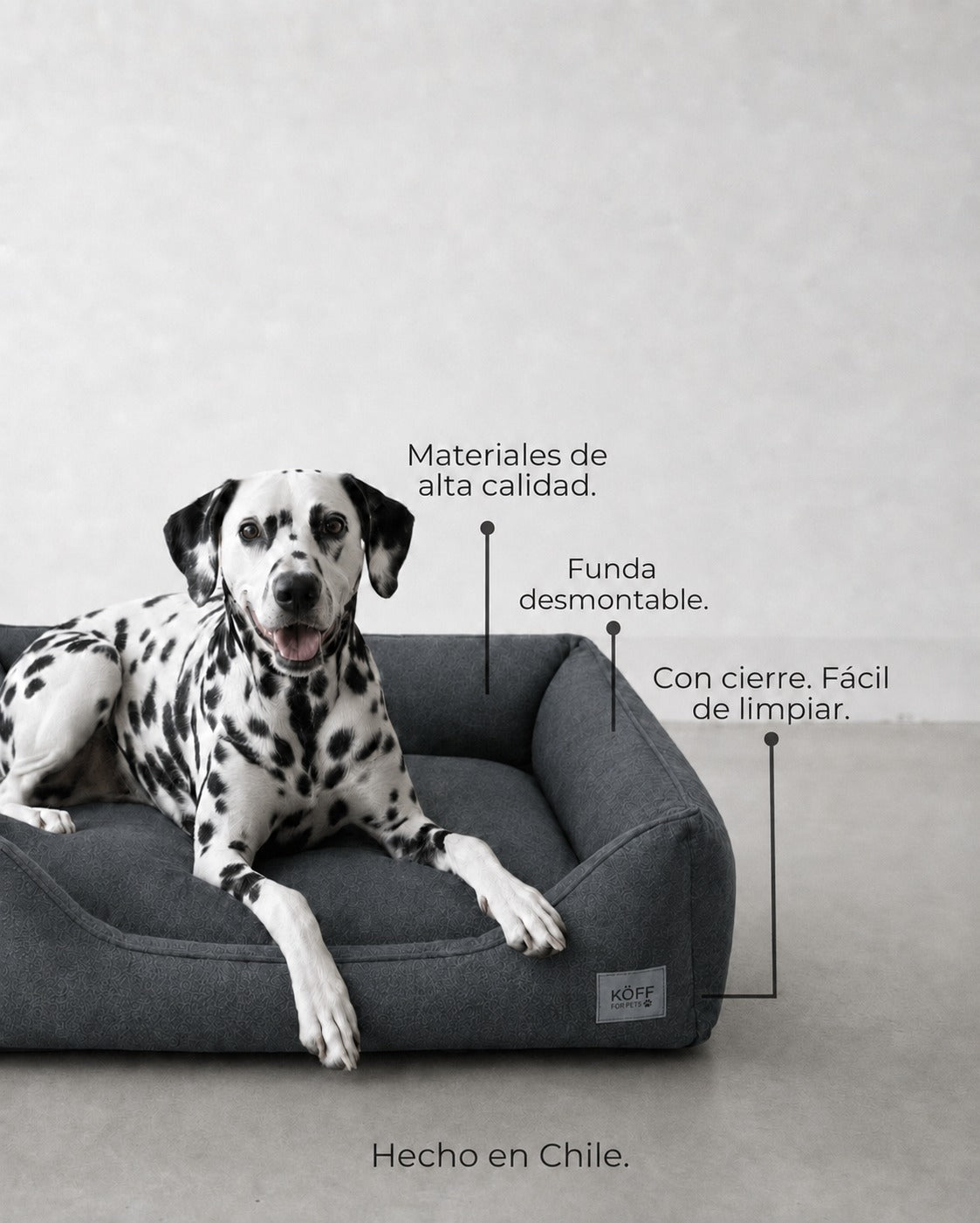 Talla L · 120 × 80 cm — perro sentado en la cama, con las características señaladas