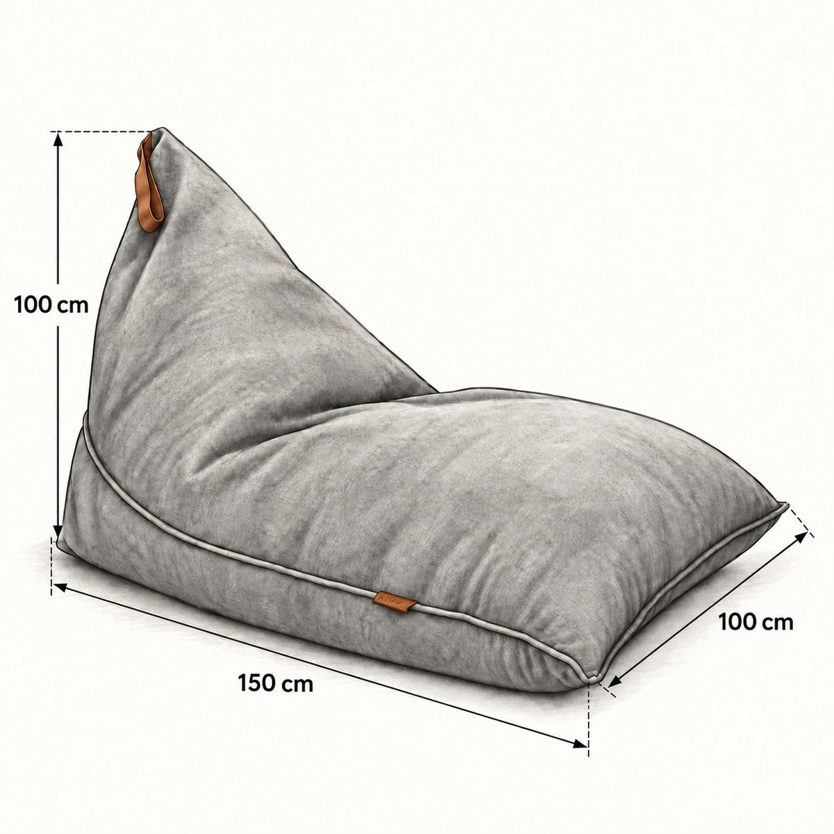 Gris Claro — Medidas del Cojín Triangular Köff: 150 × 100 cm de base y 100 cm de alto