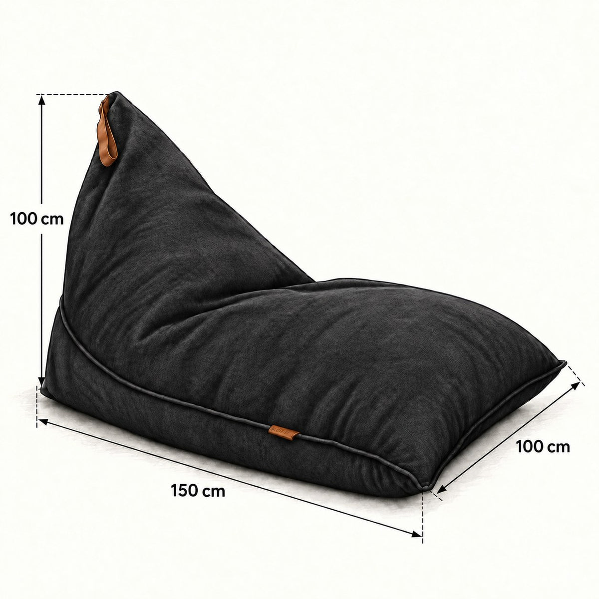 Negro — Medidas del Cojín Triangular Köff: 150 × 100 cm de base y 100 cm de alto