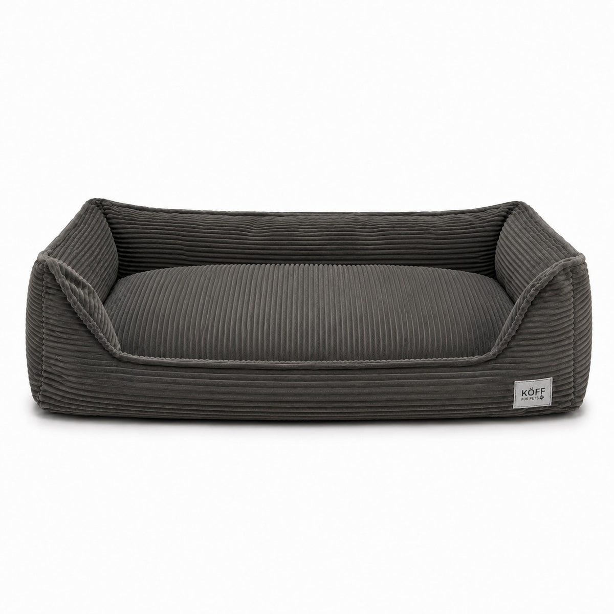 Talla L · 120 × 80 cm — Cama Köff Suite Cotelé en gris carbón, vista de tres cuartos sobre fondo blanco