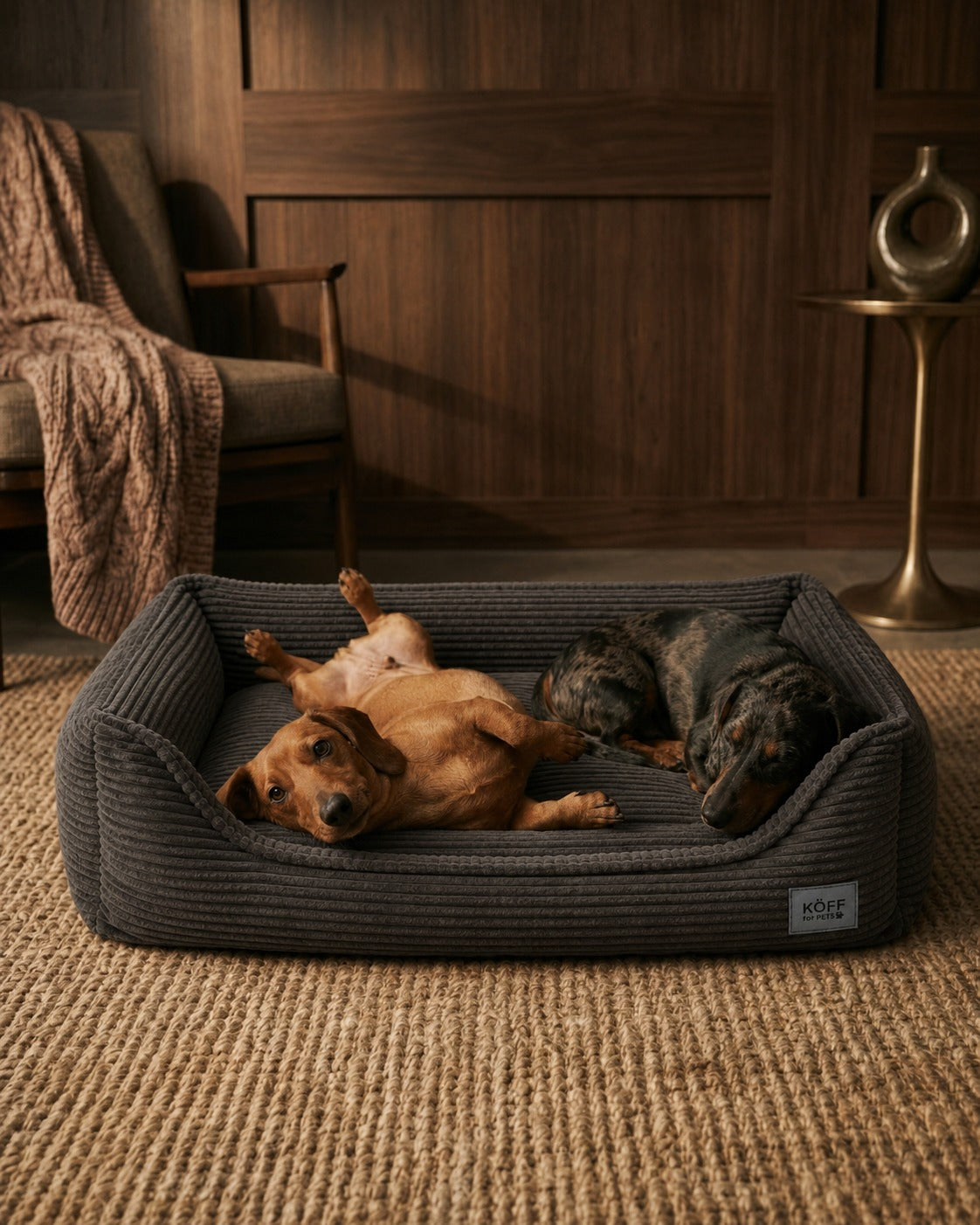 Talla M · 90 × 60 cm — dos perros salchicha durmiendo dados vuelta en la cama, en un living con alfombra de yute
